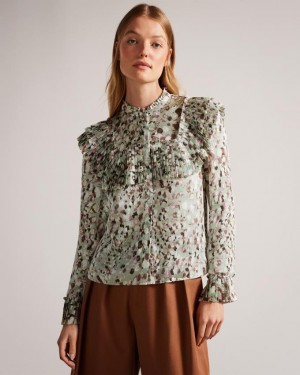 Bluzka Damskie Ted Baker Blouse With Ruffle Bib Detail Głęboka Zielone Polska | PL-ETZJS1096