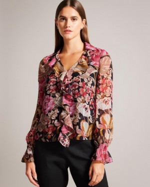 Bluzka Damskie Ted Baker Floral With Ruffled Front Czarne Polska | PL-CIBAV3185