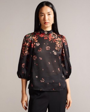 Bluzka Damskie Ted Baker High Neck Balloon Sleeve Czarne Polska | PL-JZOKA7926