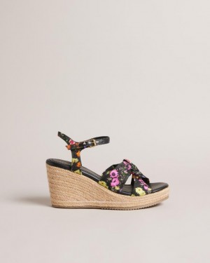 Buty Na Obcasie Damskie Ted Baker Floral Soft Knot Espadrille Wedges Czarne Polska | PL-RKCWS2659