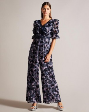 Kombinezony Długi Damskie Ted Baker Floral With Ruffled V-Neck Niebieskie Polska | PL-QGOLV6025