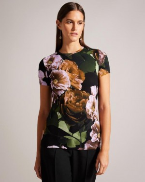 Koszulka Damskie Ted Baker Floral Print Czarne Polska | PL-HTUCZ4908