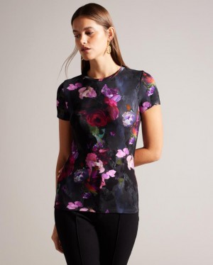 Koszulka Damskie Ted Baker Painted Floral Print Fitted Czarne Polska | PL-GWPUO8295