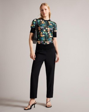 Koszulka Damskie Ted Baker Sketchy Magnolia Puff Sleeve Czarne Polska | PL-WLNXU9481