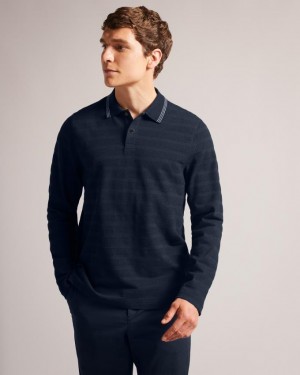 Koszulka Polo Męskie Ted Baker Long Sleeve Textured Stripe Granatowe Polska | PL-QNYSD8015