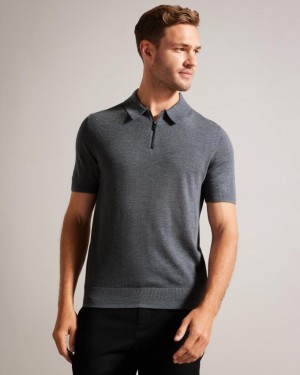 Koszulka Polo Męskie Ted Baker Short Sleeve Merino Wool Zip Szare Polska | PL-XEGFT8067