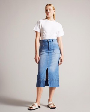 Spódnica Damskie Ted Baker Denim Midi Pencil Niebieskie Polska | PL-QLJEZ4067