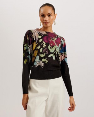 Sweter Damskie Ted Baker Floral Pleated Long Sleeve Czarne Polska | PL-JAUPM7946