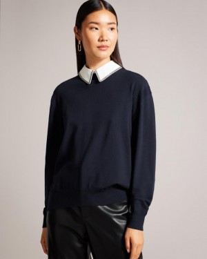 Sweter Damskie Ted Baker Mockable With Embellished Collar Granatowe Polska | PL-ZSNMC9813