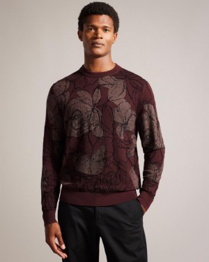 Sweter Męskie Ted Baker Wool Blend Jacquard Floral Bordowe Polska | PL-NOFIR3462