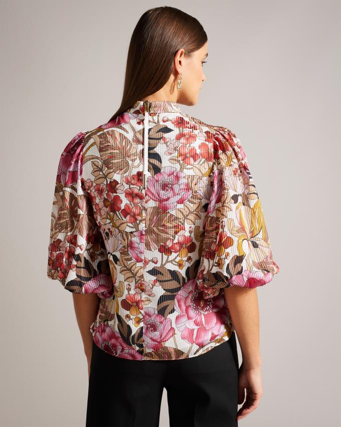 Bluzka Damskie Ted Baker Floral Balloon Sleeve Ciemny Czerwone Polska | PL-RWPZA1703