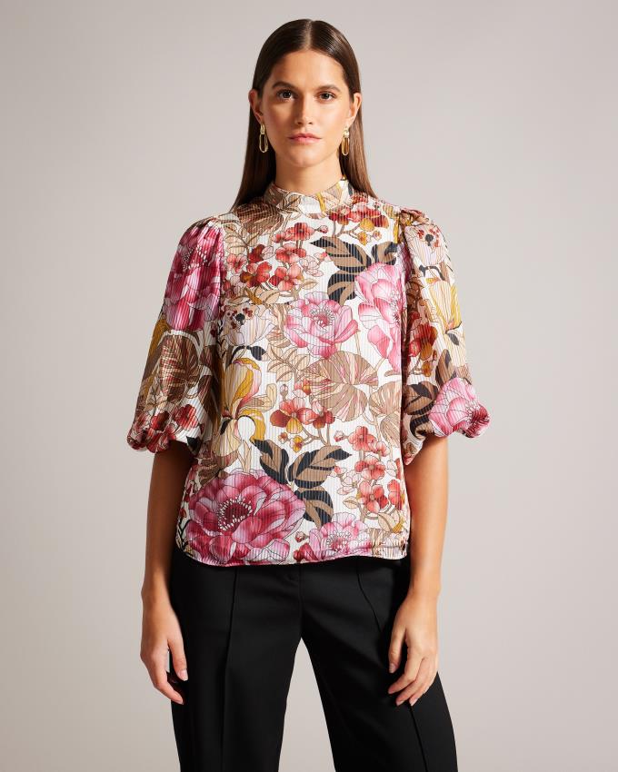 Bluzka Damskie Ted Baker Floral Balloon Sleeve Ciemny Czerwone Polska | PL-RWPZA1703