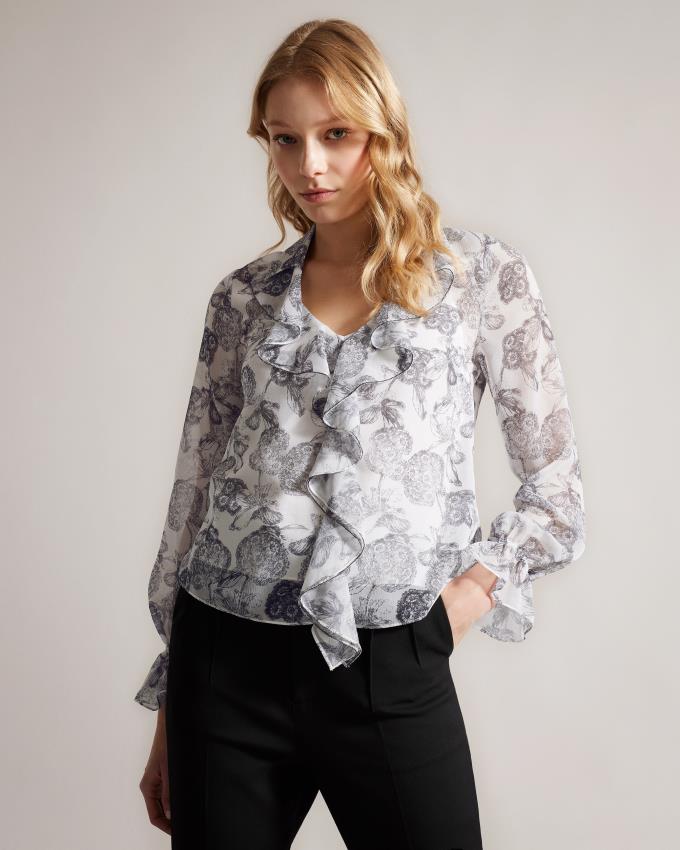 Bluzka Damskie Ted Baker Ruffle With Metal Ball Trim Białe Polska | PL-AOCXV2637