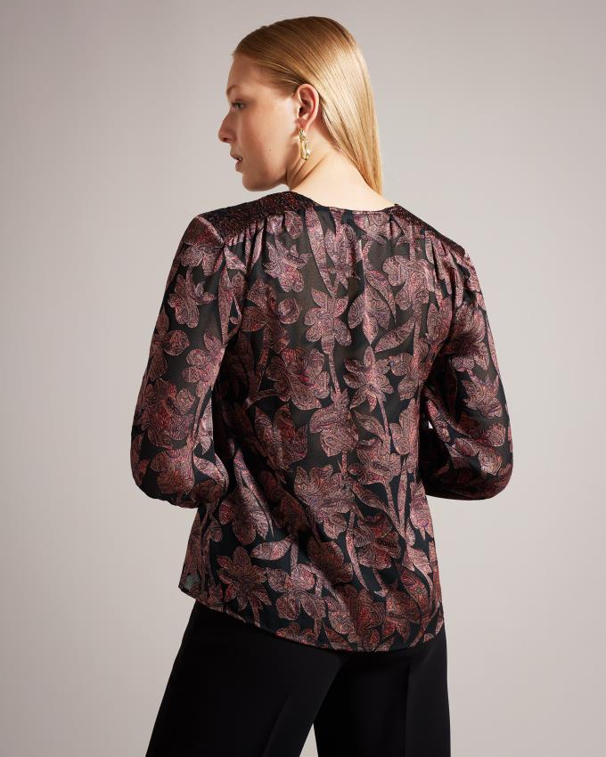 Bluzka Damskie Ted Baker Satin Paisley Czarne Polska | PL-VIJYU5412