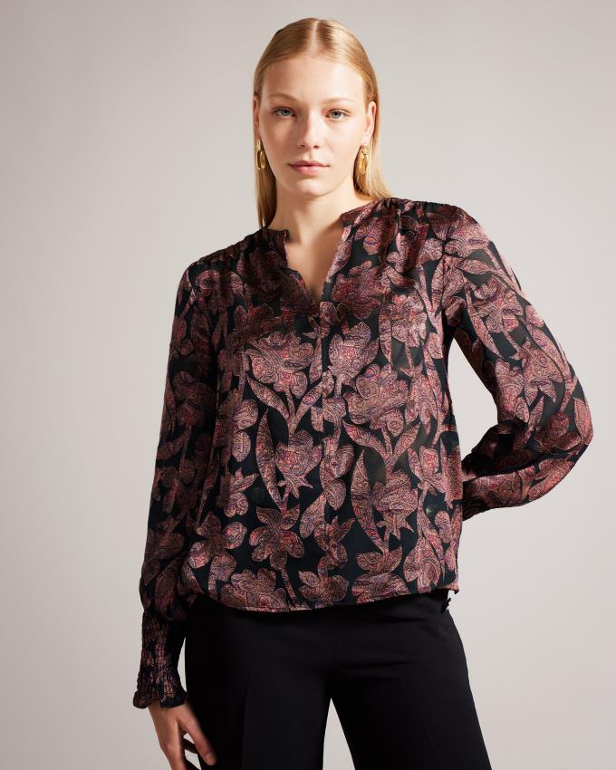 Bluzka Damskie Ted Baker Satin Paisley Czarne Polska | PL-VIJYU5412