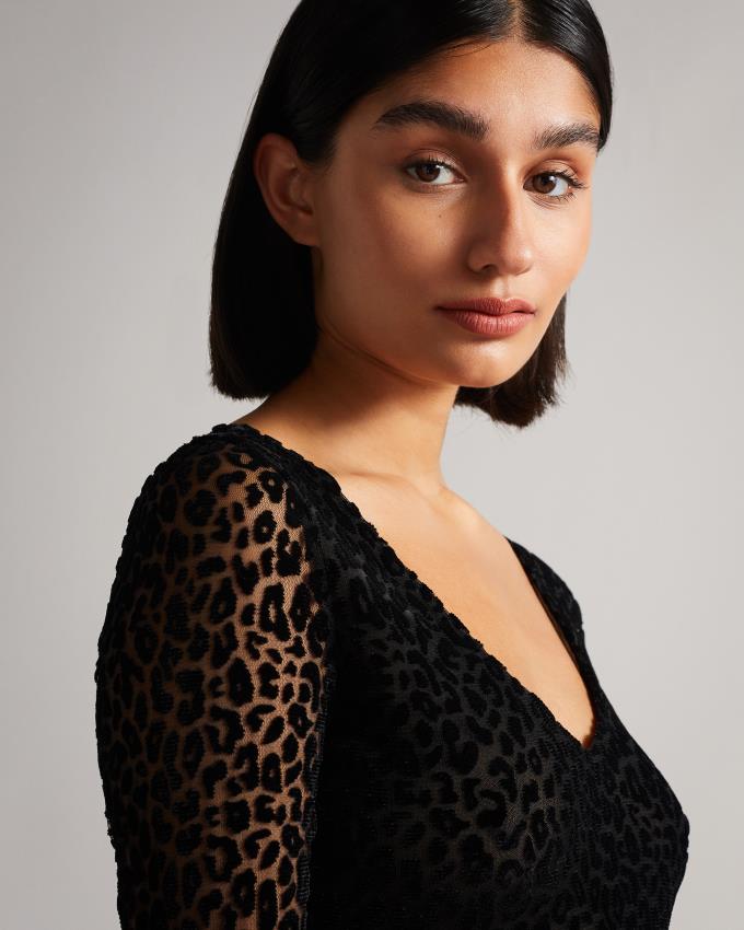 Body Damskie Ted Baker Mesh Leopard Print Czarne Polska | PL-LXBPQ8159