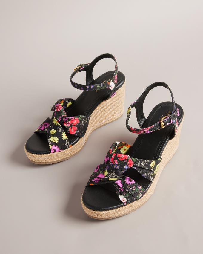 Buty Na Obcasie Damskie Ted Baker Floral Soft Knot Espadrille Wedges Czarne Polska | PL-LDRAG5096