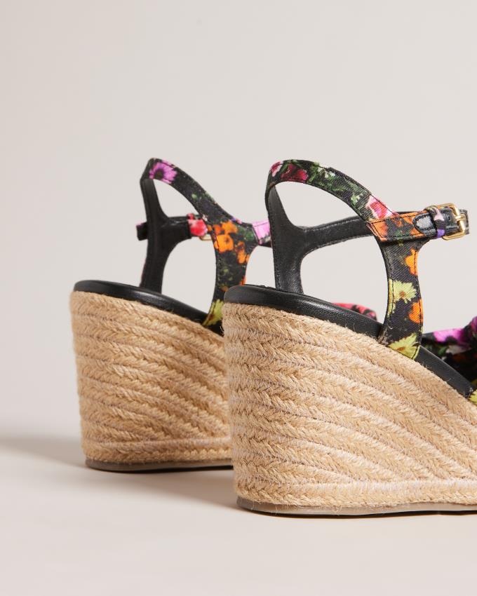 Buty Na Obcasie Damskie Ted Baker Floral Soft Knot Espadrille Wedges Czarne Polska | PL-LDRAG5096