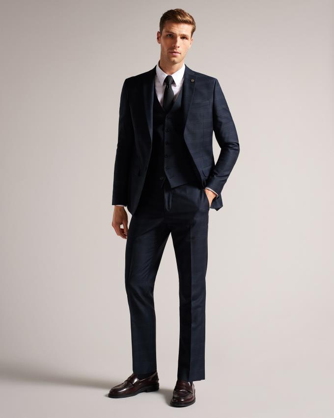 Kamizelka Garniturowa Męskie Ted Baker Slim Fit Navy Check Suit Waistcost Granatowe Polska | PL-EGTMJ6758