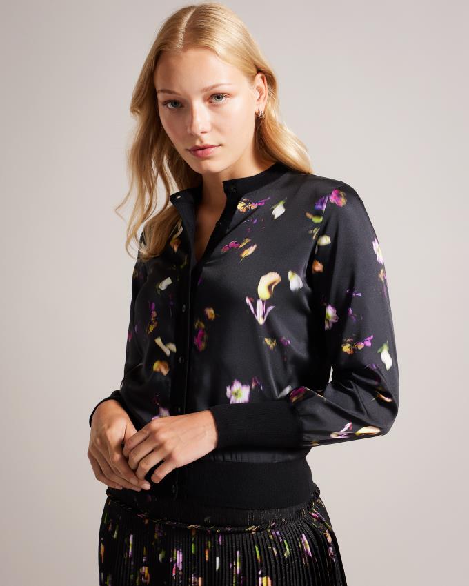 Kardigan Damskie Ted Baker Floral Satin Front Czarne Polska | PL-OTBSK0974