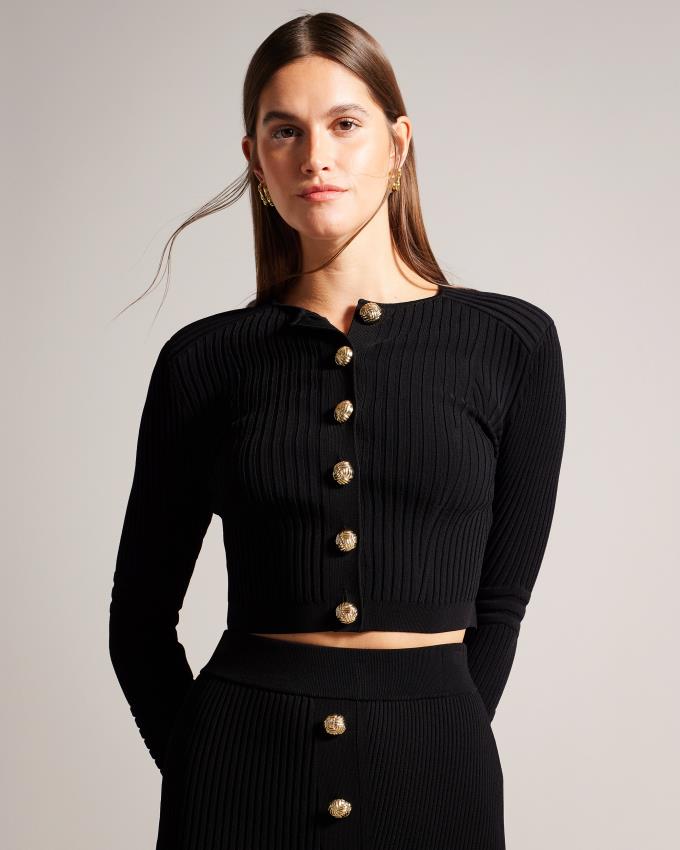 Kardigan Damskie Ted Baker Ribbed Knit Biker Czarne Polska | PL-ZJLKC2894