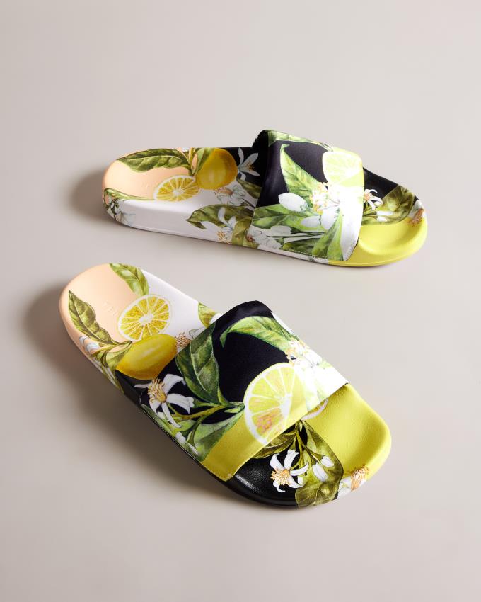 Klapki Damskie Ted Baker Lemon Print Satin Żółte Polska | PL-GRVLH9726