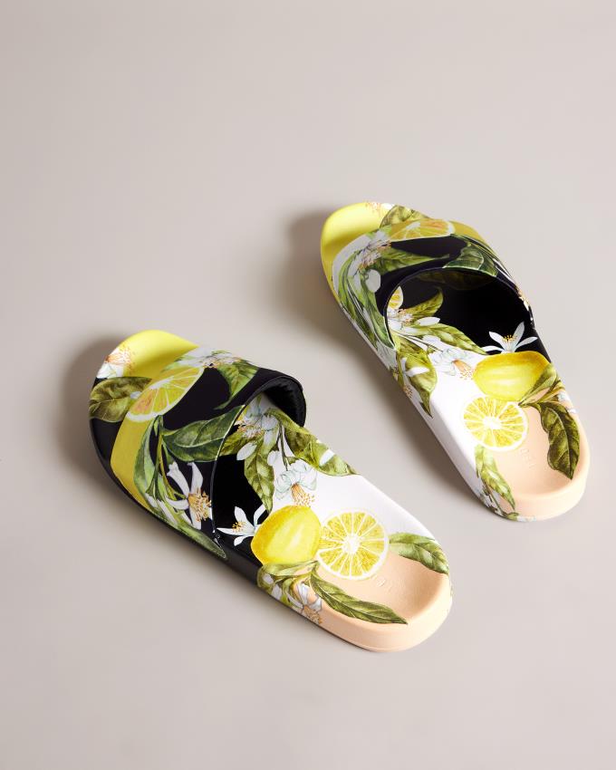 Klapki Damskie Ted Baker Lemon Print Satin Żółte Polska | PL-GRVLH9726