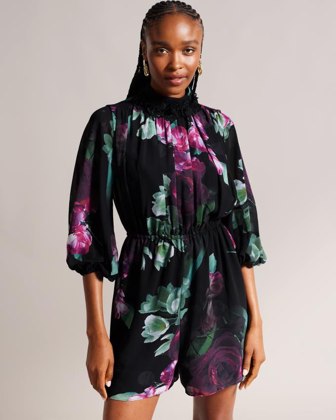 Kombinezony Damskie Ted Baker Pleated Floral Czarne Polska | PL-TLNJU8315