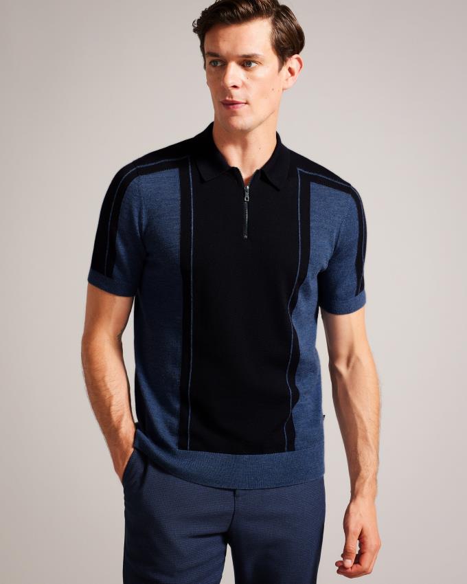 Koszulka Polo Męskie Ted Baker Short Sleeve Wool Zip Granatowe Polska | PL-JHCNP1398