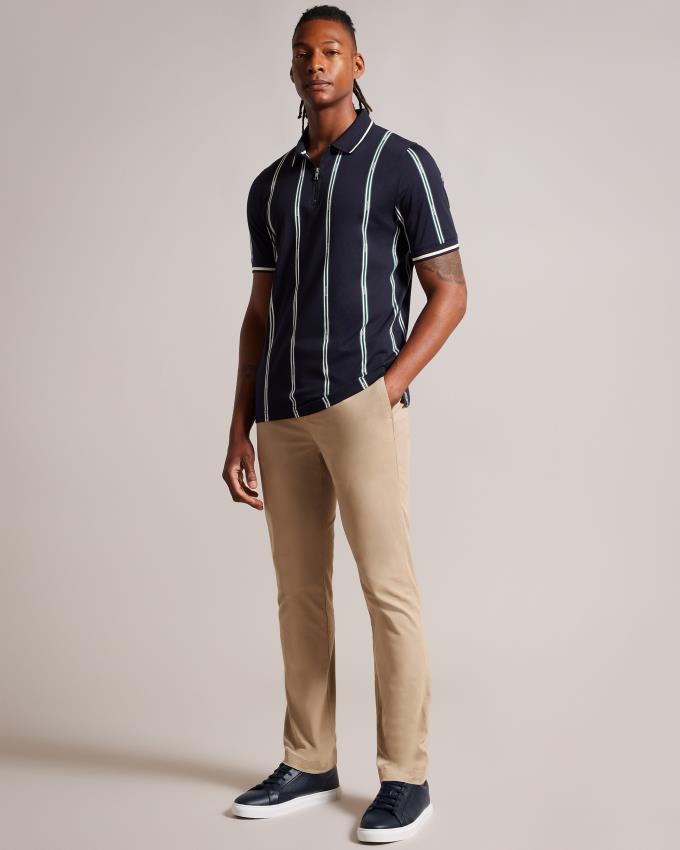 Koszulka Polo Męskie Ted Baker Short Sleeve Zip With Striped Branding Granatowe Polska | PL-DJQSZ6418