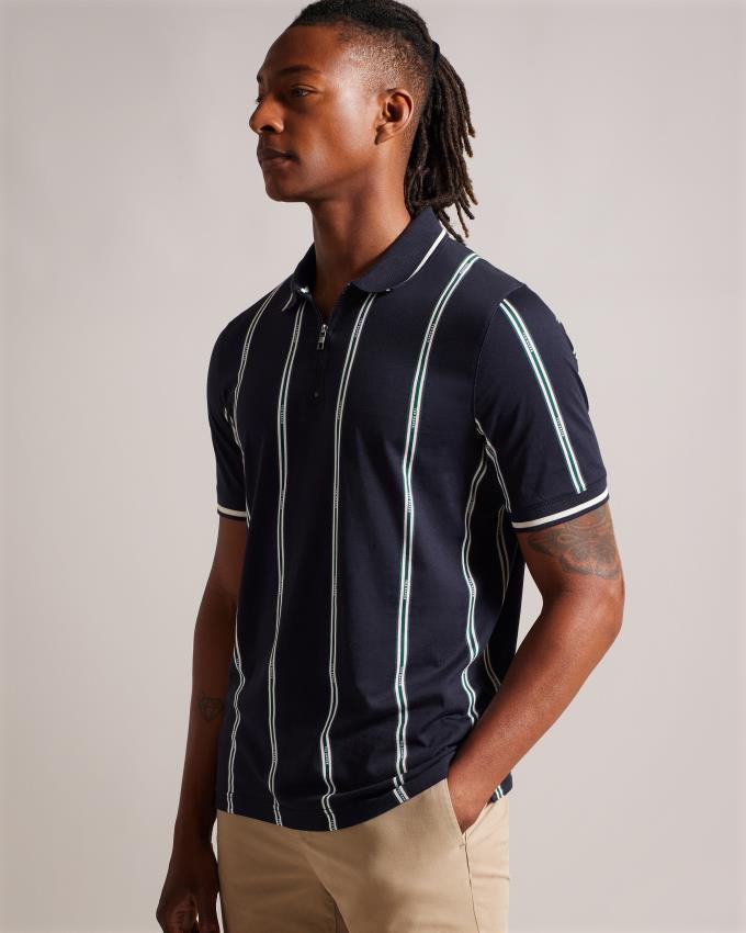 Koszulka Polo Męskie Ted Baker Short Sleeve Zip With Striped Branding Granatowe Polska | PL-DJQSZ6418