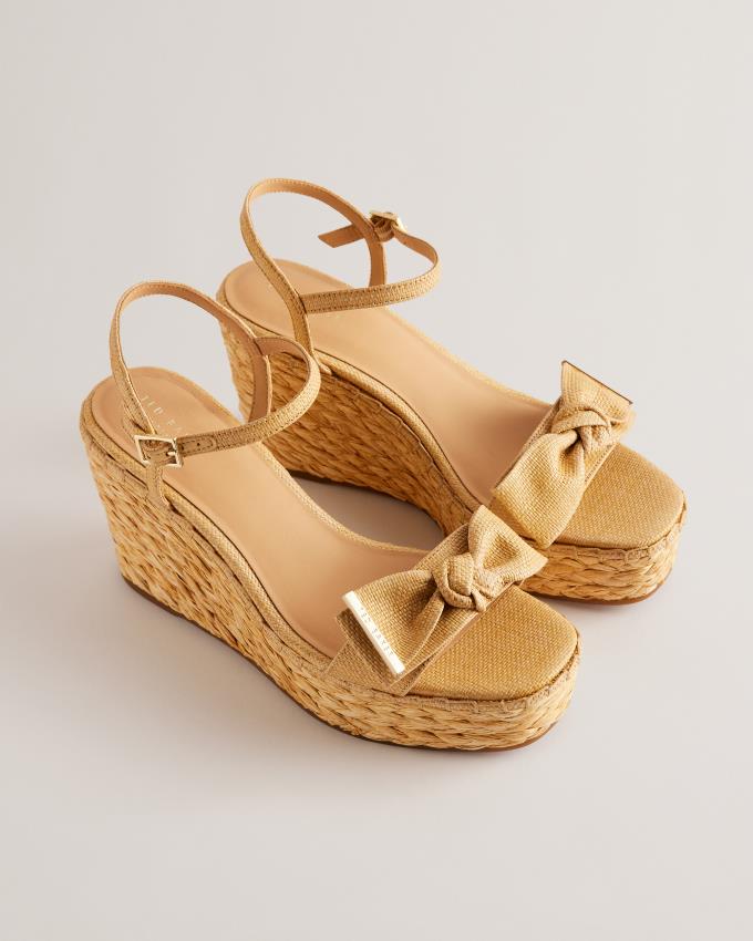 Sandały Damskie Ted Baker Raffia Bow Detail Wedge Beżowe Polska | PL-HYDXK6540