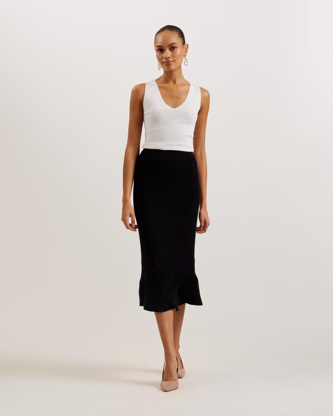 Spódnica Damskie Ted Baker Rib Knit Curved Hem Midi Czarne Polska | PL-KCQUJ7160