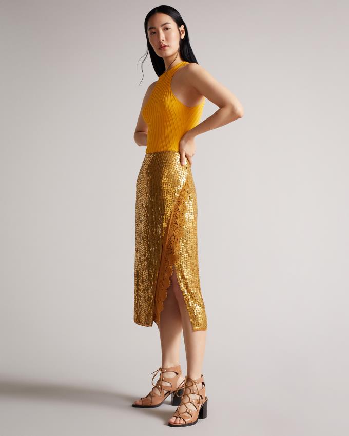 Spódnica Damskie Ted Baker Sequin Column Slip Brązowe Polska | PL-AWEIT9208