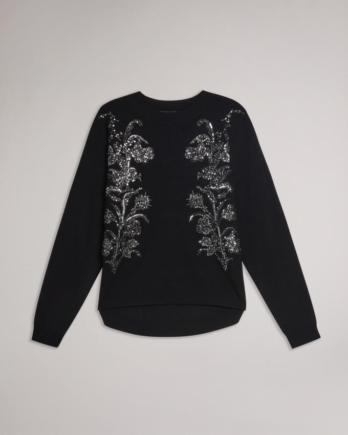 Sweter Damskie Ted Baker Floral Embellished Czarne Polska | PL-VARTY2309