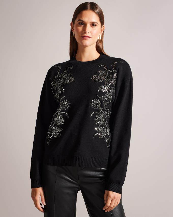 Sweter Damskie Ted Baker Floral Embellished Czarne Polska | PL-VARTY2309