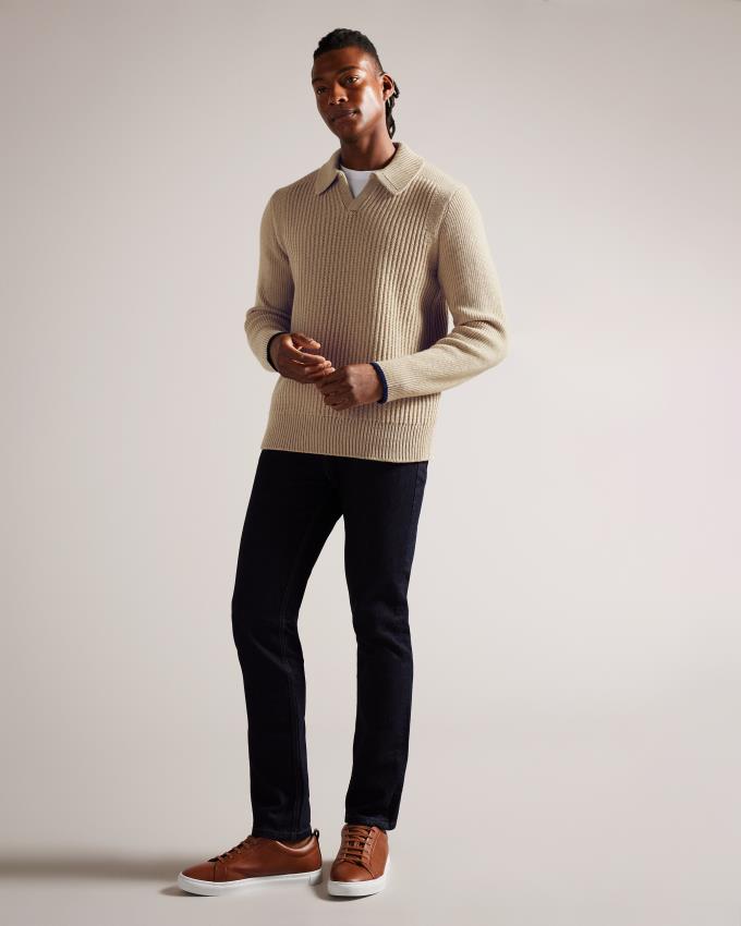 Sweter Męskie Ted Baker Ribbed Knit Polo Neck Szare Brązowe Polska | PL-LWVFY7926