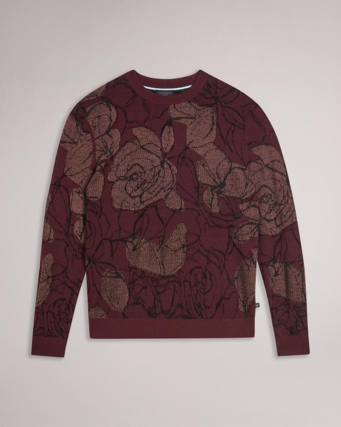 Sweter Męskie Ted Baker Wool Blend Jacquard Floral Bordowe Polska | PL-NOFIR3462